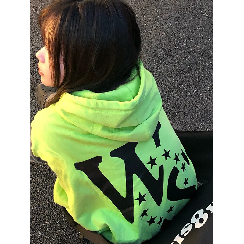 Hàng Có Sẵn|Áo Hoodie Dáng Rộng Mỏng Màu Xanh Lá Dạ Quang Phong Cách Đường Phố Âu Mỹ Thời Trang Mới 2022