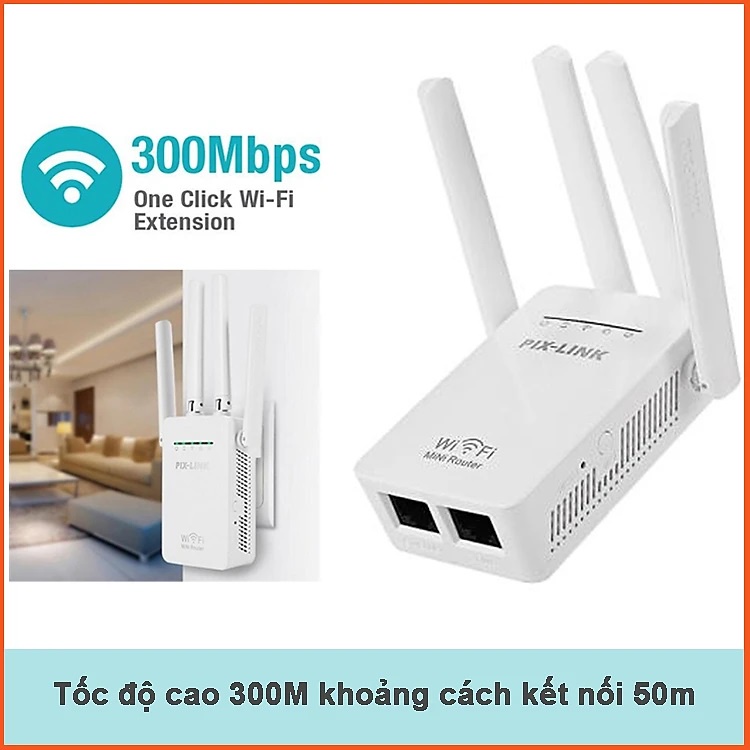Bộ Kích sóng PIXLINK 4 râu Chính hãng wireless 300Mbps -phát sóng cực mạnh, hút mở rộng kích wifi- kèm cáp lan