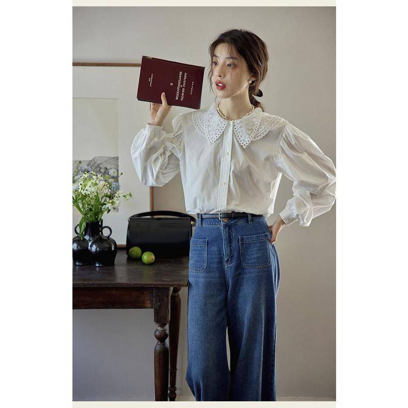 Áo Sơ Mi Tay Dài Cổ Búp Bê Phối Ren Phong Cách Pháp Cổ Điển Thời Trang Cho Nữ