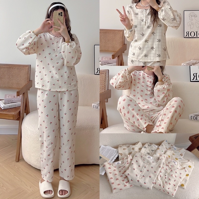 Bộ đồ ngủ dài tay vải xốp đẹp nhiều hình ngộ nghĩnh ulzzang siêu xinh