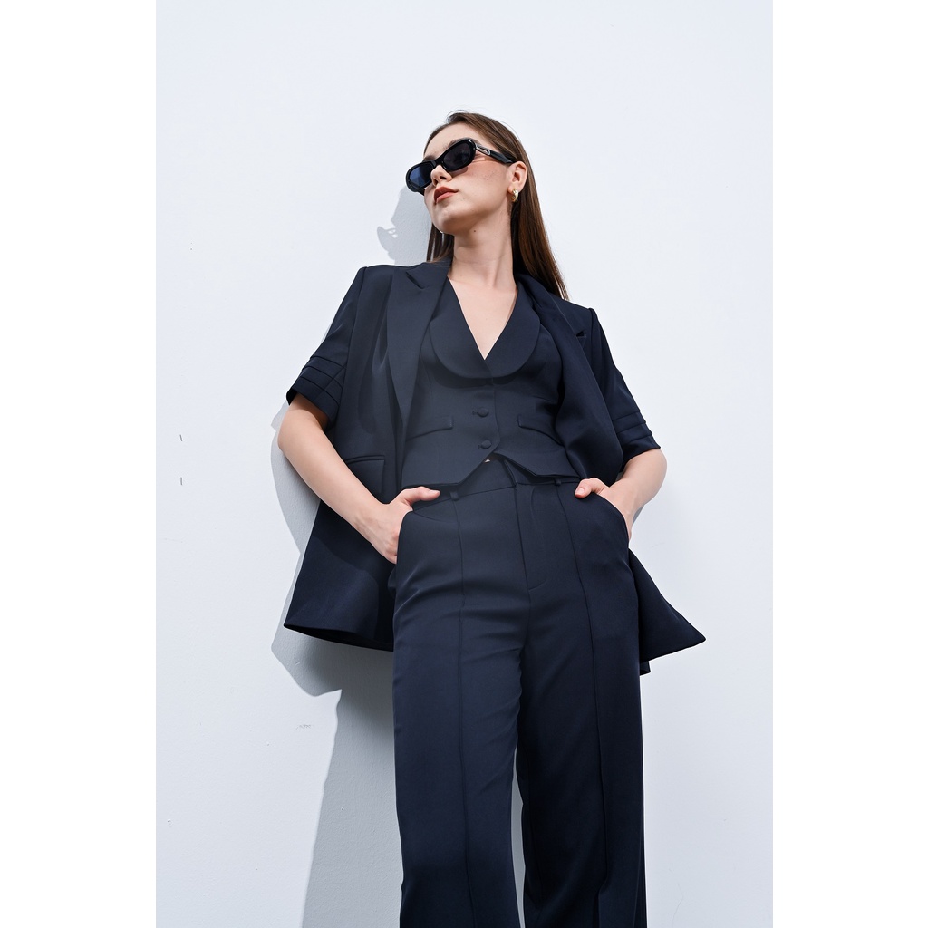 Set Suit Áo Blazer Tay Ngắn, Gile Basic, Quần Ống Suông ONMIX, Vải Tuytsi Xanh Navy