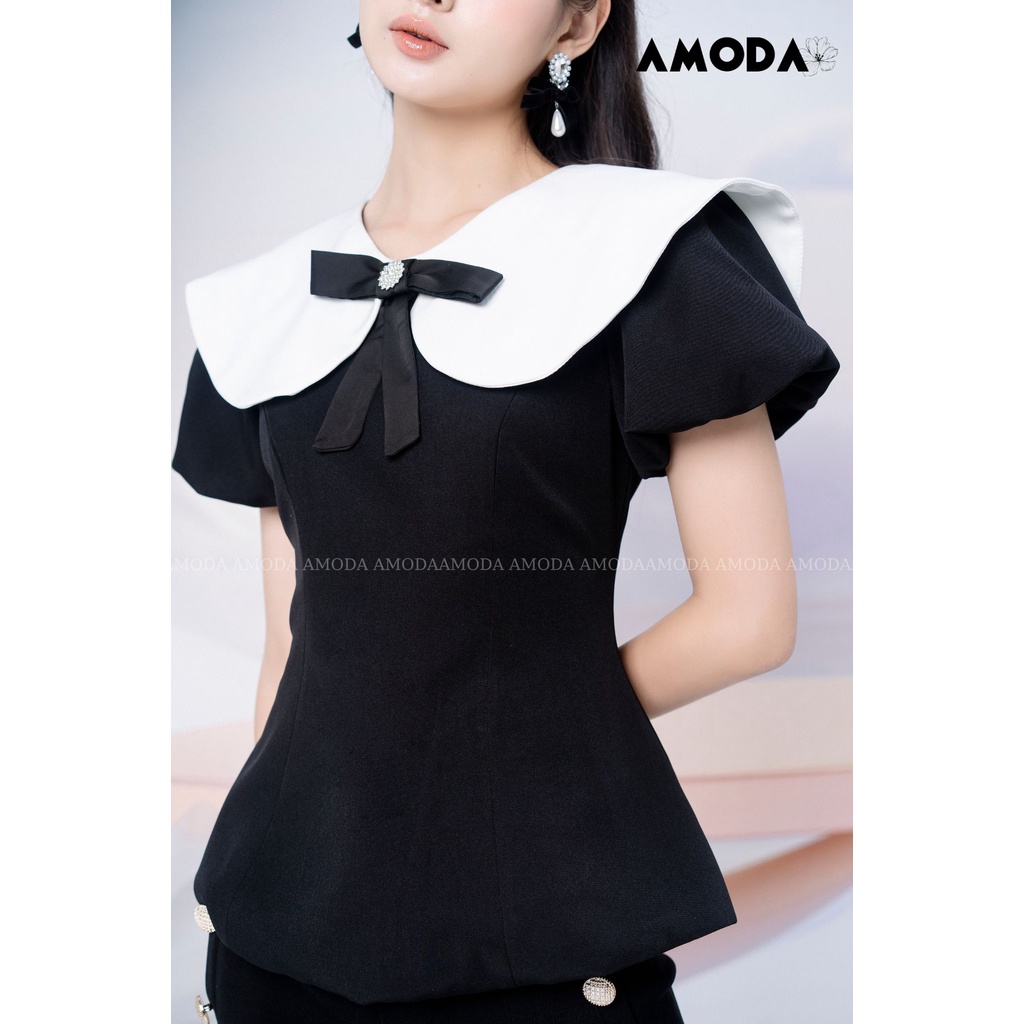 Áo thiết kế  chiết eo tay bồng  đính nơ siêu xinh cho nàng đi chơi đi làm AMODA A016