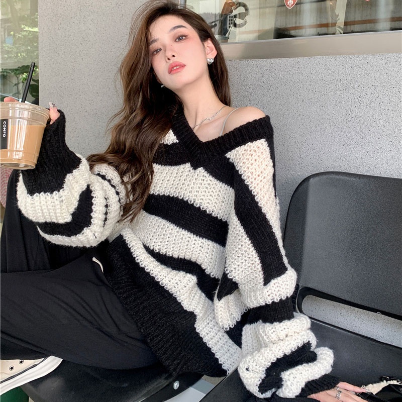 IELGY Áo Len Cổ Chữ V Dáng Rộng Họa Tiết Kẻ Sọc Phong Cách Hàn Quốc Thời Trang Cho Nữ