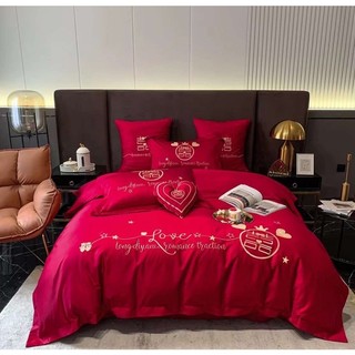 Bộ chăn ga gối Lụa Satin chữ Hỷ Trái tim - chăn ga mùa cưới 7 món