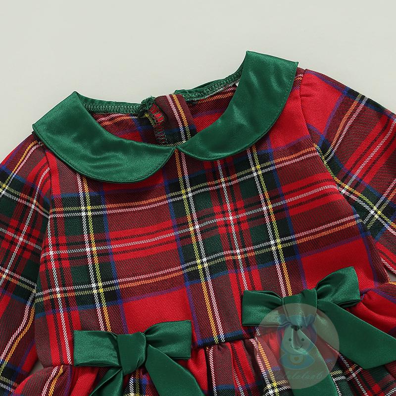 Đầm Tay Dài Cổ Búp Bê Đính Nơ Họa Tiết Sọc Caro Phong Cách Giáng Sinh Dễ Thương Cho Bé Gái LAA6