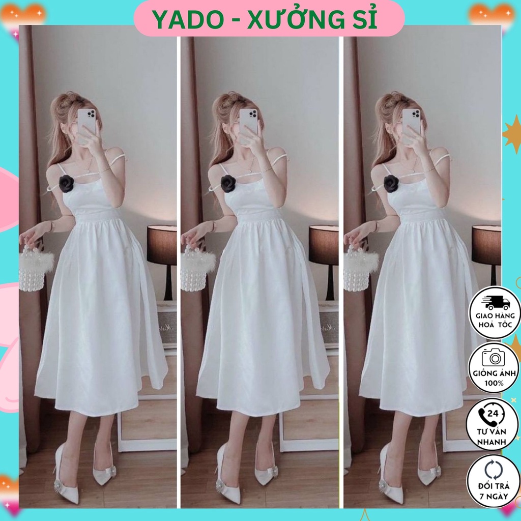 Đầm nữ phối dây kết hoa kiểu dáng ôm eo xòe dự tiệc sang trọng YADO, Váy thiết kế cao cấp 2 dây cài bông V06