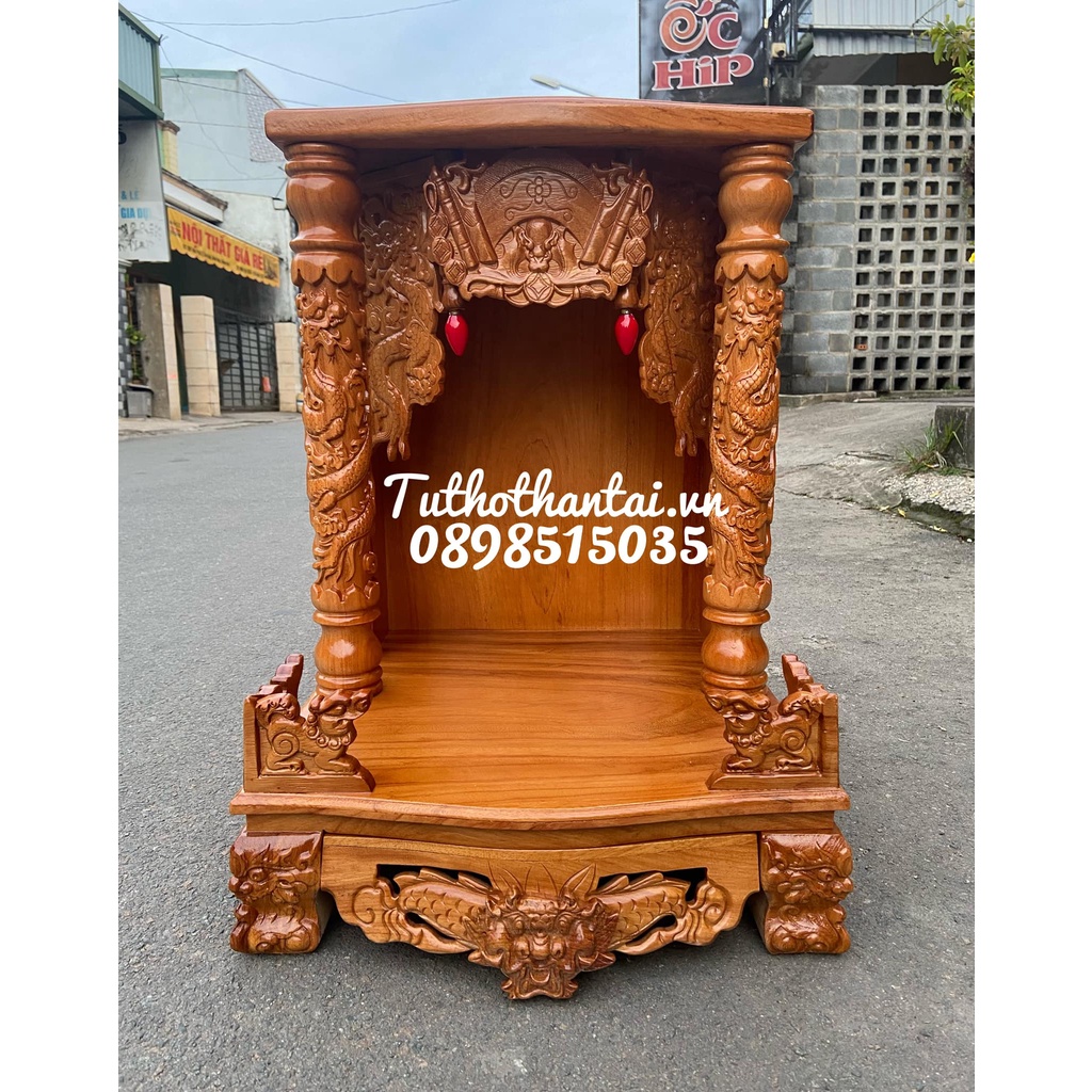 Bàn thờ thần tài ông địa gỗ Gõ Đỏ cột Rồng 48 x 68cm - TUTHOTHANTAI.VN