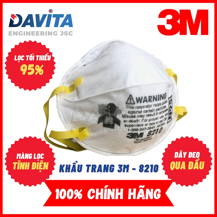 Khẩu trang 3M 8210 N95, lọc bụi tối thiểu 95%, hàng chính hãng nguyên tem 3M