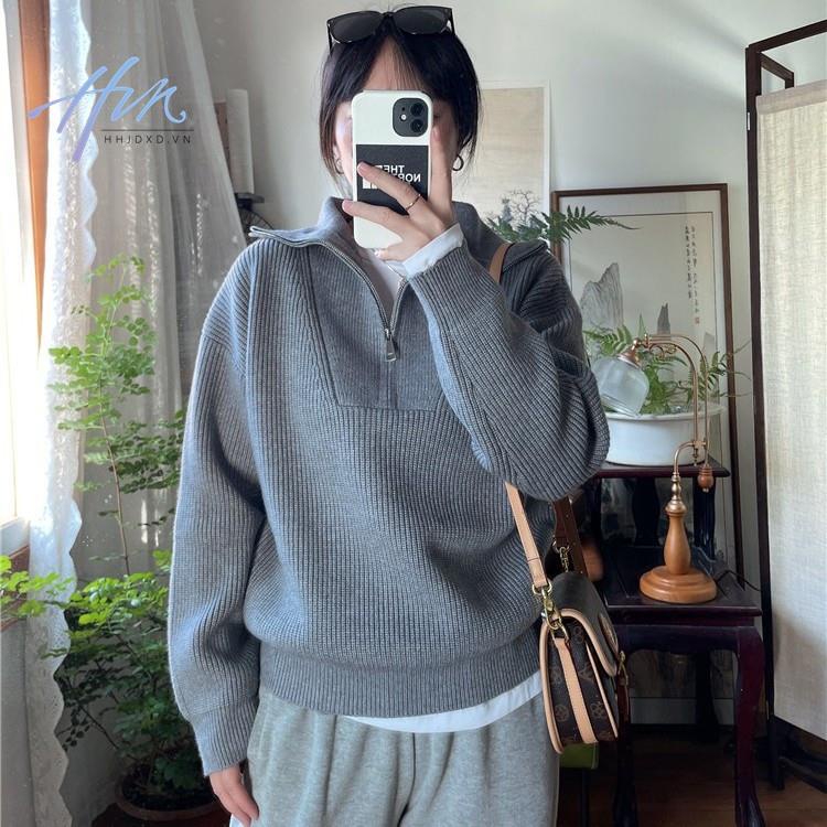 Áo Sweater Cổ Cao Dáng Rộng Phối Khóa Kéo Đơn Giản Theo Phong Cách Thu Đông Hàn Quốc Dành Cho Nữ