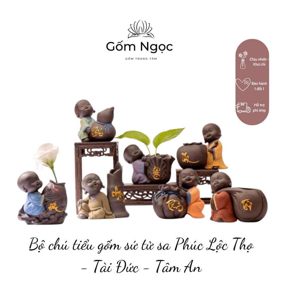 Bộ chú tiểu gốm sứ tử sa Phúc Lộc Thọ Tài Đức Tâm An