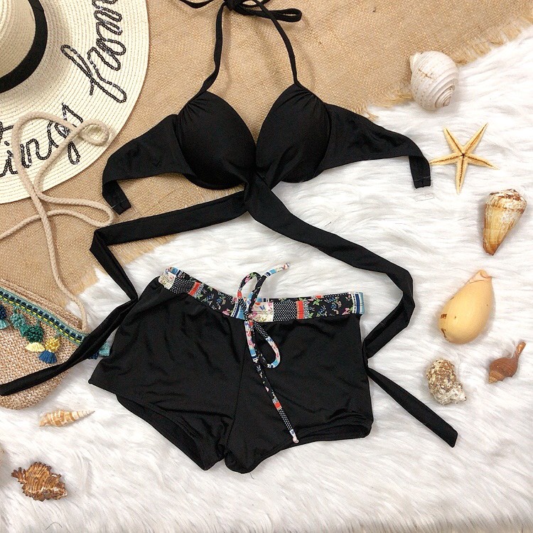 [Bikini nữ 2 mảnh sành điệu 2022] Áo bơi gọng nâng ngực chéo eo mix quần short viền họa tiết thổ cẩm cá tính