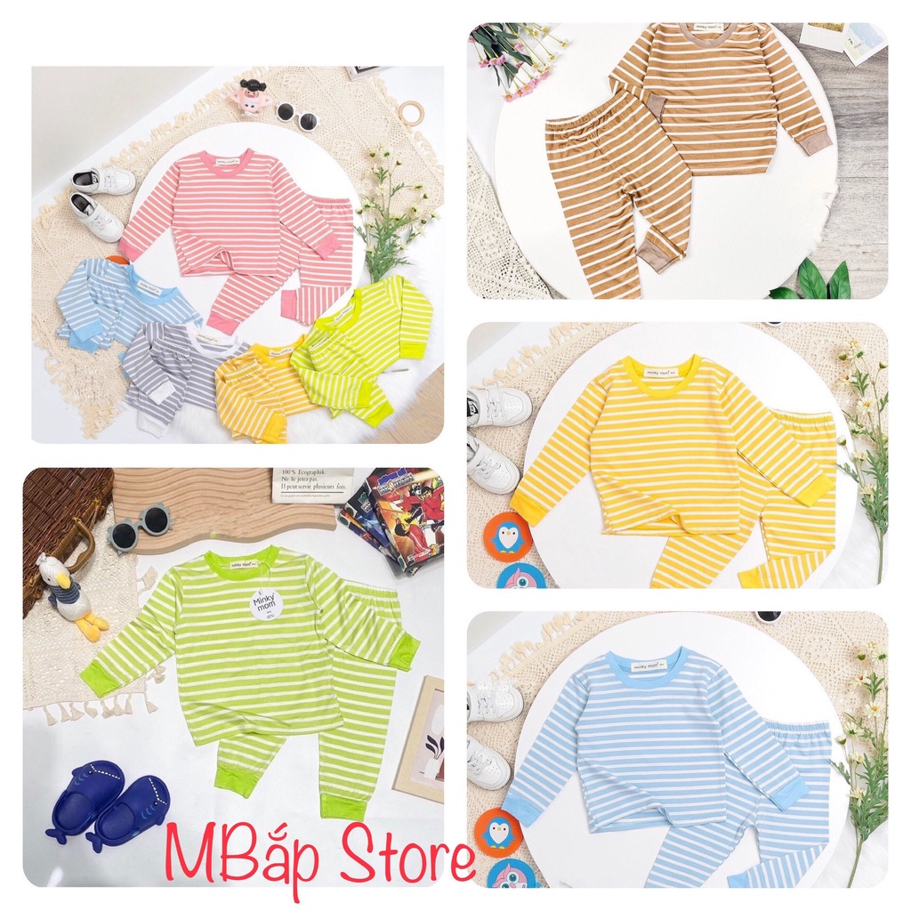 Bộ Dài Tay THUN LẠNH MINKYMOM Sọc Trơn Cạp Thun Bo Gấu Cho Bé 8-21kg