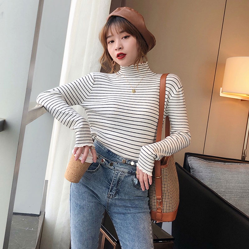 Áo Len Tay Dài Cổ Cao Họa Tiết Kẻ Sọc Thời Trang Hàn Quốc Dễ Thương Cho Nữ