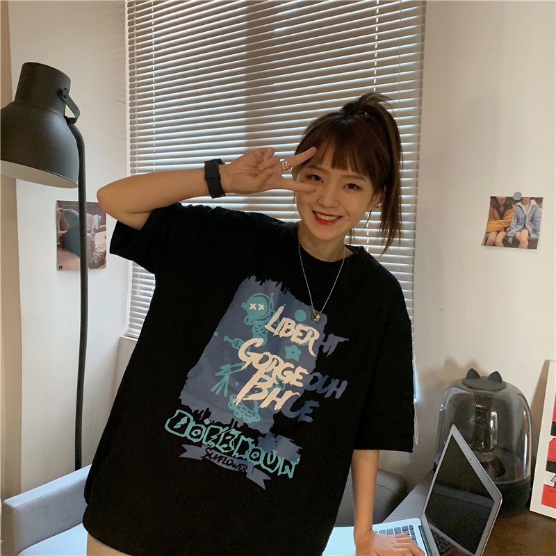 Áo Thun Ngắn Tay Dáng Rộng In Họa Tiết Xinh Xắn Theo Phong Cách Hàn Quốc