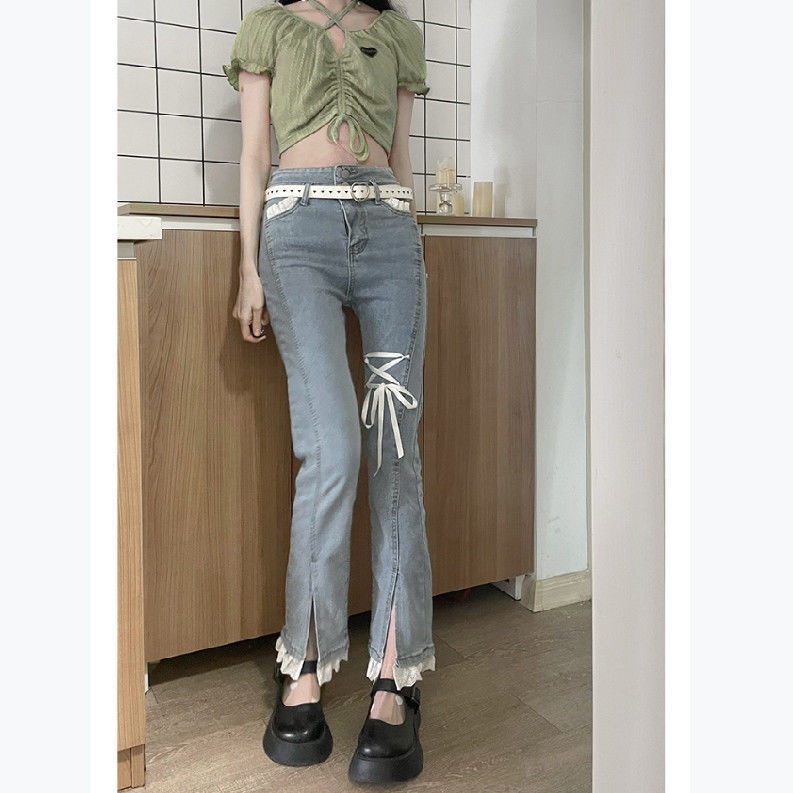 Jiashucheng Quần Jean Ống Rộng Xẻ Tà Phối Ren Phong Cách Hàn Quốc Ngọt Ngào Thời Trang Mùa Thu Mới Cho Phụ Nữ Tuổi Trung Niên