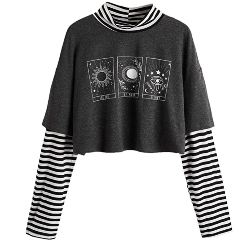 Xiangbao Áo Crop Top Giả 2 Mảnh Tay Dài Cổ Lọ In Họa Tiết Mặt Trời Mặt Trăng Đồ Họa Màu Tối Cho Nữ