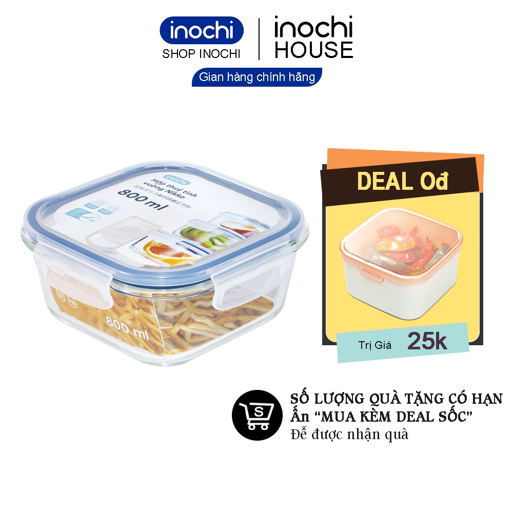 Hộp Thuỷ Tinh Đựng Thực Phẩm Vuông 800ml Nikko INOCHI Đồ Ăn Thức Ăn Trong Ngăn Đá Tủ Lạnh Bảo Quản Thực Phẩm Tươi