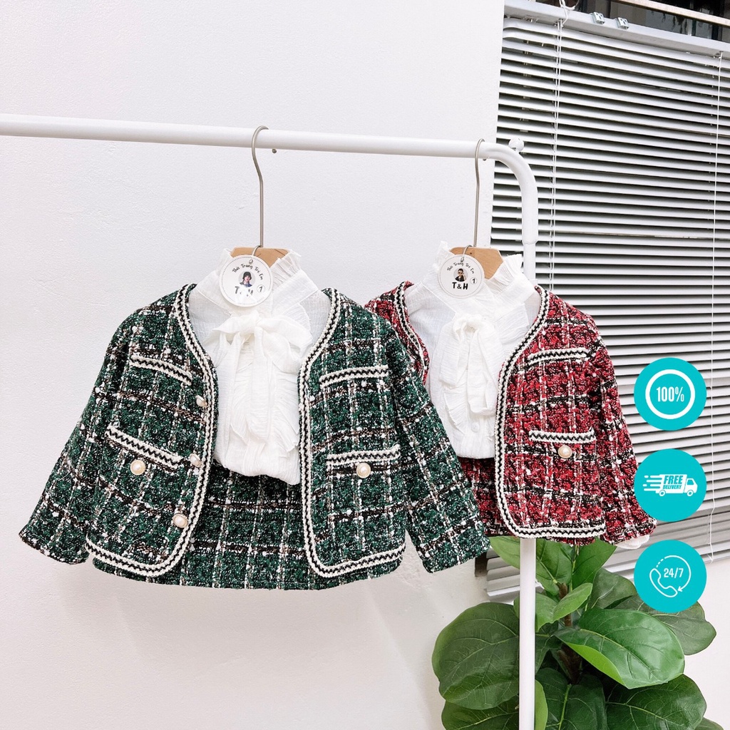 Sét quần áo 22404 Sét áo khoác dạ phối chân váy dạ mix áo sơ mi cột nơ size 10-20kg từ 3 tháng đến 15 tuổi