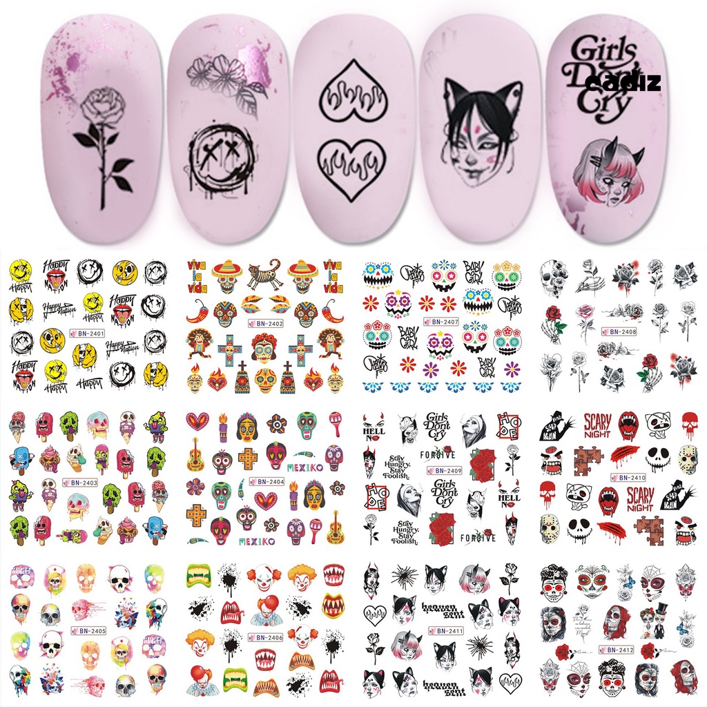 Miếng Dán Trang Trí Móng Tay Họa Tiết Đầu Lâu Không Phai Màu Phong Cách Halloween