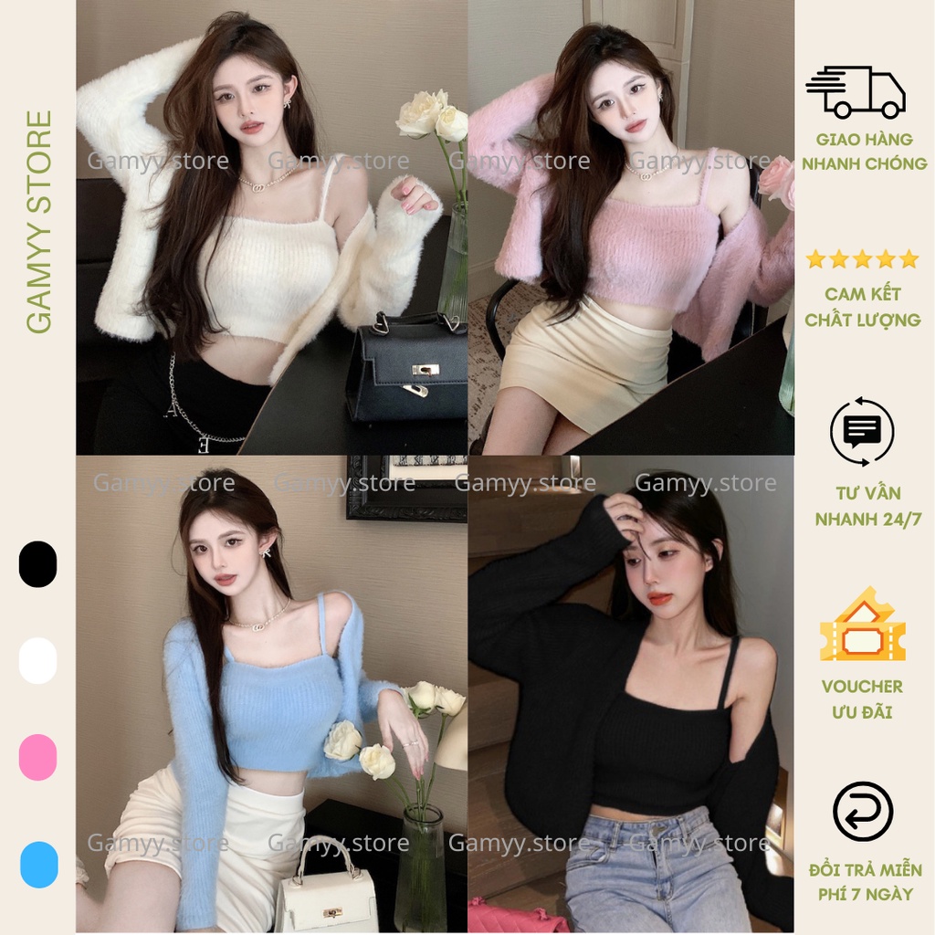 Set áo lông Gamyy set áo 2 dây và áo khoác dài tay mềm mại
