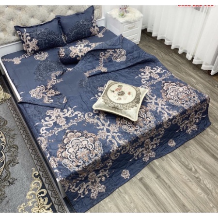 Bộ chăn ga trần bông 5 món hình Hoàng Gia Xám chất liệu Cotton Poly mềm mịn mát đủ kích thước ga giường 1m6, 1m8, 2m2