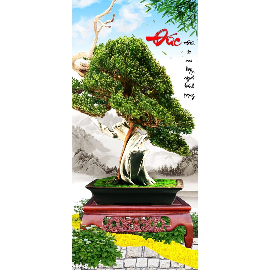 Tranh Dán Tường 3D Cây Tùng Ngày Tết -552BS- Có In Theo Yêu Cầu- Tranh 3d Bon Sai Trang trí nhà cửa