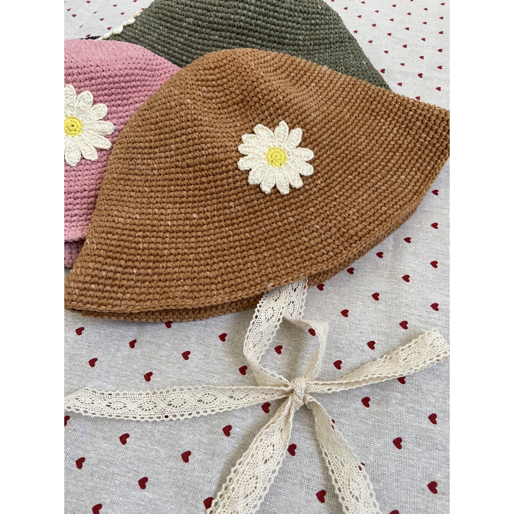 Nón len handmade - hoa cúc họa mi trang trí - có quai nón bằng ren siêu xinh