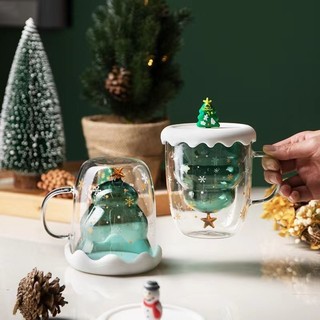 Ly thủy tinh giáng sinh chịu nhiệt Borosilicate 2 lớp có tay cầm kiểu dáng cây noel