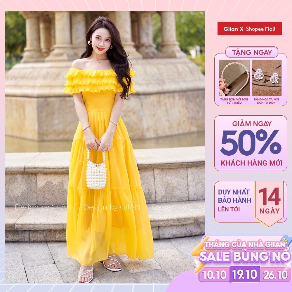 Váy trễ vai dáng dài thời trang Giian phối bèo dập li GV2516