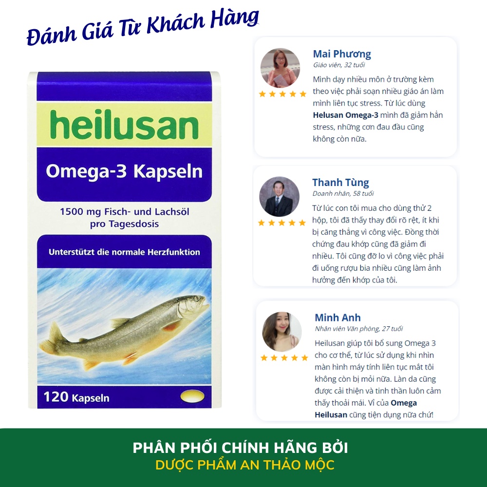 Viên uống Heilusan Omega 3 Kapseln bổ sung vitamin hỗ trợ phát triển tim mạch não bộ tốt cho da mắt hộp 120 viên