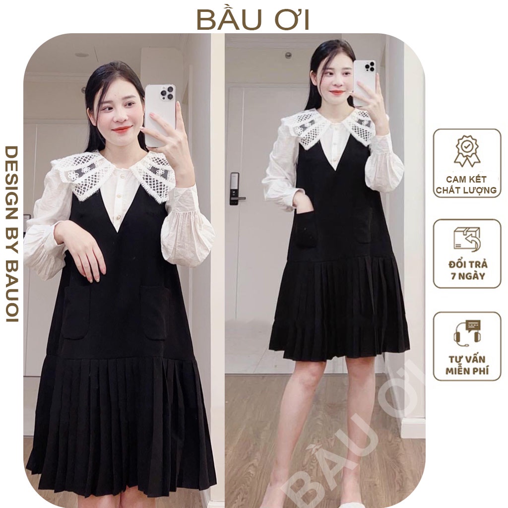 [BAUOII V137] VÁY ĐẦM BẦU THỜI TRANG CỔ SƠ MI REN ĐẸP - ĐẦM BẦU THU ĐÔNG TIỂU THƯ SANG CHẢNH DÀI TAY DÁNG SUÔNG XẾP LY