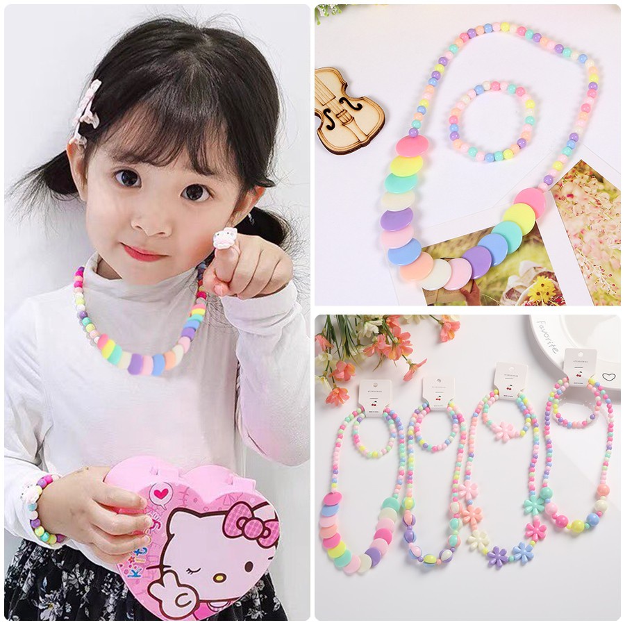 Set vòng tay và vòng cổ hạt xâu nhiều màu xinh xắn cho bé