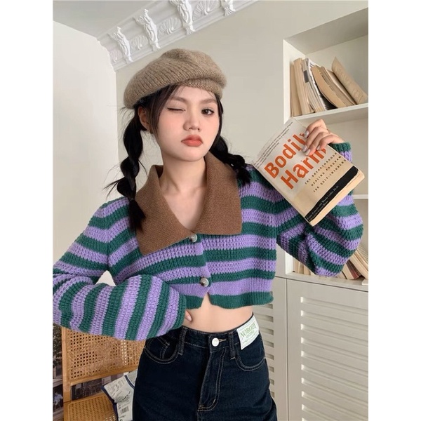 Áo len dệt kim croptop sọc có cổ Áo len cardigan thiết kế mùa thu