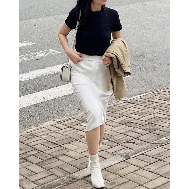 Chân váy midi vải kaki RUCHAN