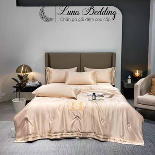 Bộ chăn ga gối phi lụa chữ h chăn chần hè thu nhiều màu luna bedding
