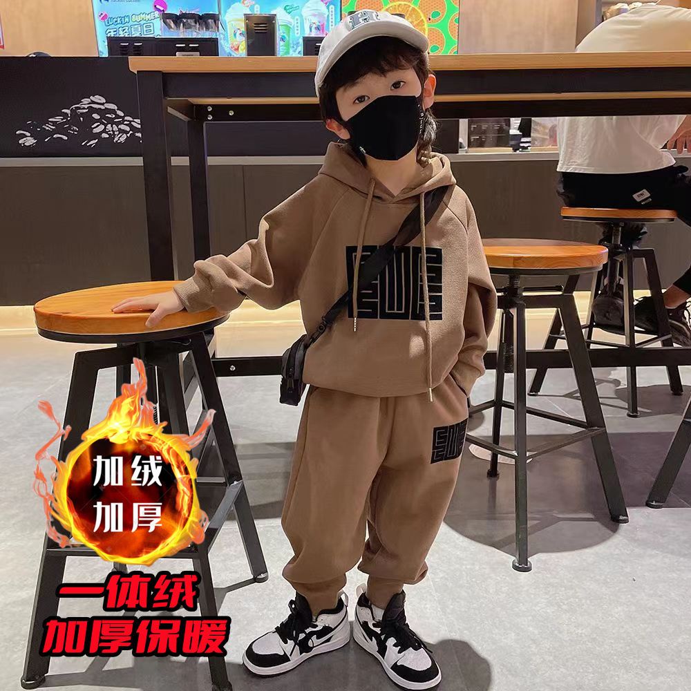 Bộ Áo Nỉ Hoodie + Quần Dài Lót Lông Cừu Ấm Áp Hợp Thời Trang Thu Đông Cho Bé Trai