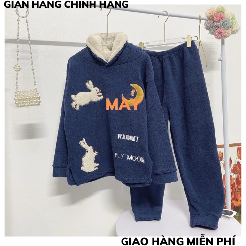 Bộ đồ ngủ bông, pijama, quần áo mặc ở nhà dài tay mùa đông có mũ chất lông mềm mịn hình cute dày dặn siêu ấm