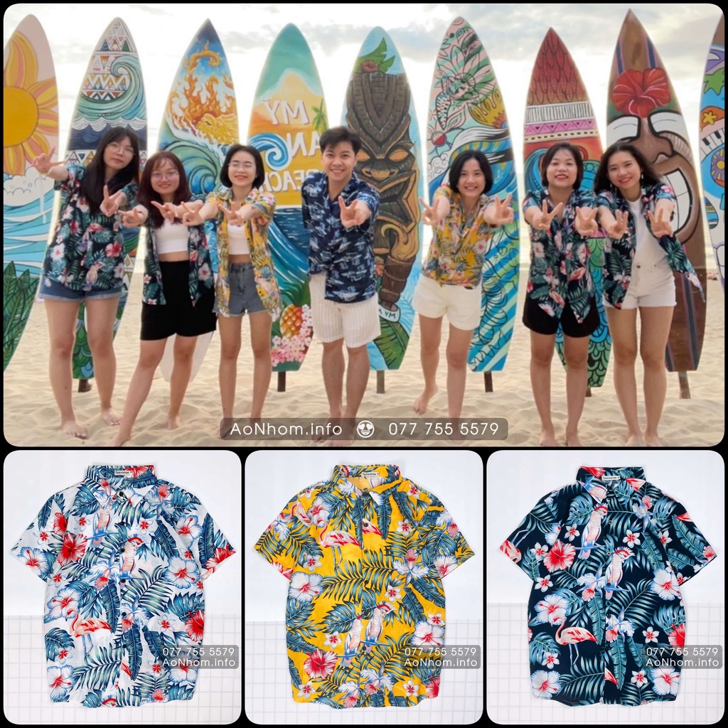 Áo Sơ Mi Hawaii Đi Biển Mềm Mát - Bông Bụt Chim Hạc - Áo Đôi Đồng Phục Nhóm Lớp Team Building Hoạ Tiết Hoa Lá Trái Cây