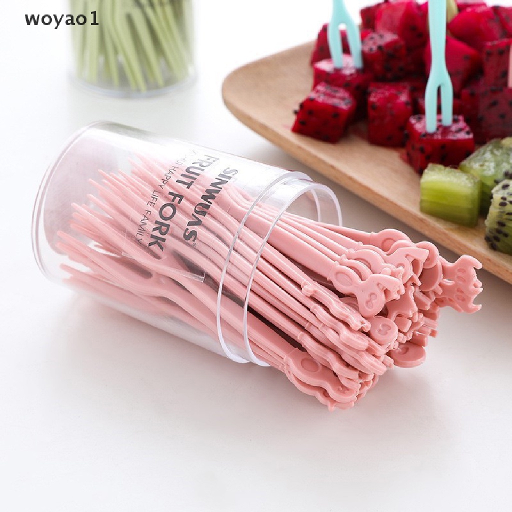 Set 1 / 50 Nĩa Ăn Trái Cây / Tráng Miệng Bằng Nhựa Họa Tiết Hoạt Hình Cho Bé