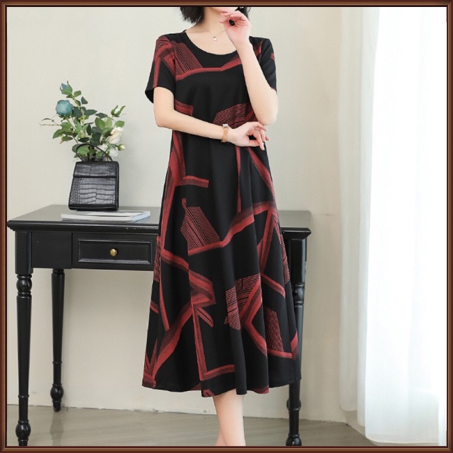 Đầm Midi Tay Ngắn Cổ Tròn Dáng Chữ A In Họa Tiết Trừu Tượng Thời Trang Xinh Xắn Cho Nữ