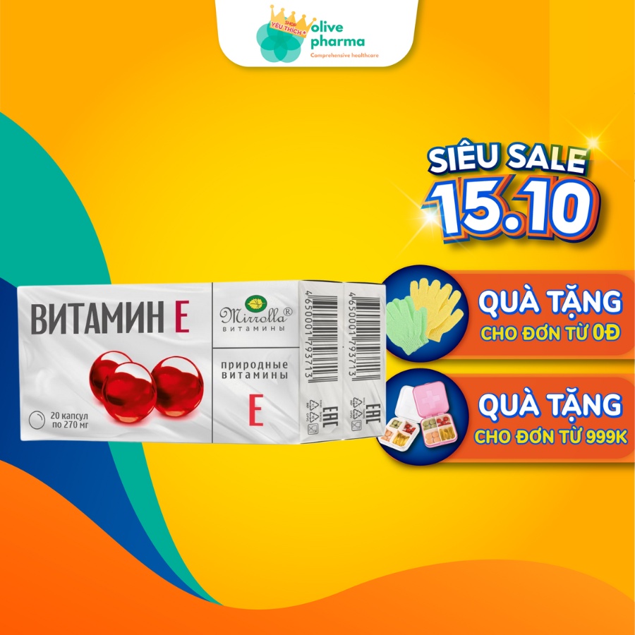 Hộp 20v Vitamin E loại mới 270mg xuất xứ Nga- Làm đẹp, săn chắc, chống lão hóa da, giúp da trắng sáng - mờ sẹo, mờ thâm