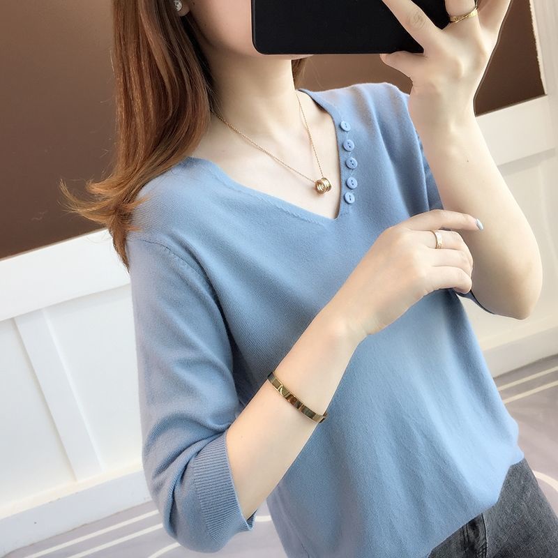 Áo Sweater Dệt Kim Mỏng Dáng Rộng Tay Lửng Cổ Chữ V Cài Nút Thời Trang Xuân Hè Phong Cách Preppy Mới 2022