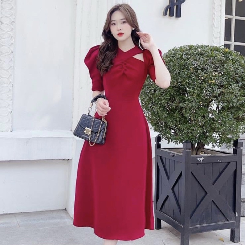 Đầm váy đi tiệc đỏ chéo cổ nhúng ngực (kèm hình thật)