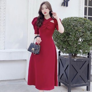 Đầm váy đi tiệc đỏ chéo cổ nhúng ngực