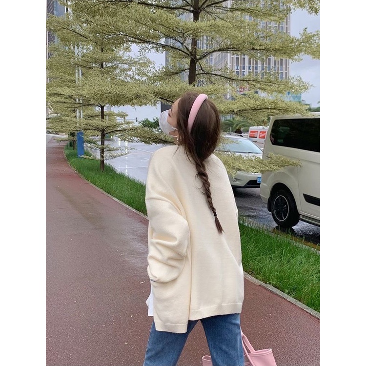 Áo Khoác Len Dệt Kim Cardigan Cổ V Dáng Rộng Viền Tay Sọc Ngang Xanh Thời Trang Nữ Thu Đông | Vui Vẻ shop
