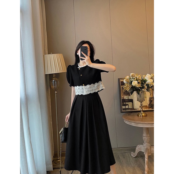 Set chân váy dài qua gối đen suông dáng dài bo chun mix áo croptop tay ngắn cổ tròn có ren
