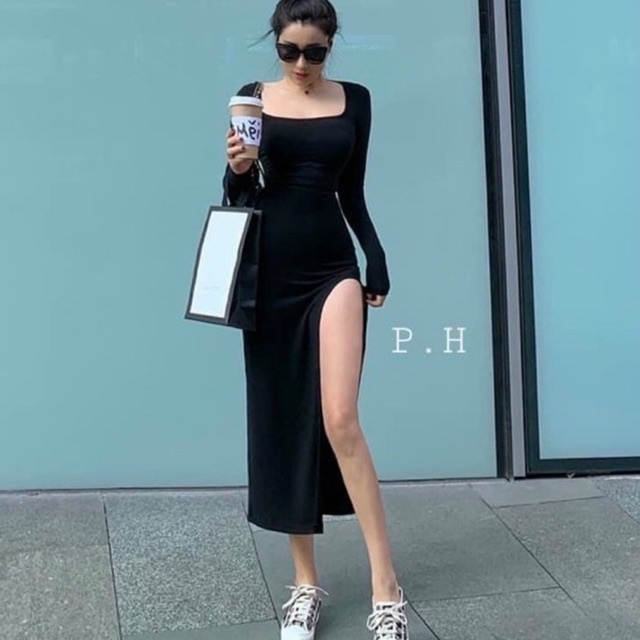 ĐẦM BODY TAY DÀI XẺ TÀ COTTON LẠNH