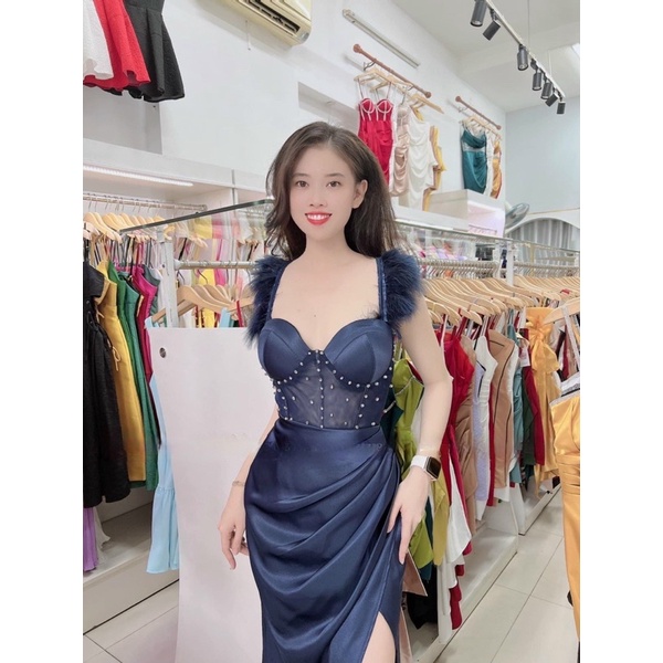 Đầm maxi body dự tiệc TRIPBLE T DRESS phối lông và kết ngọc - size M/L - MS426V