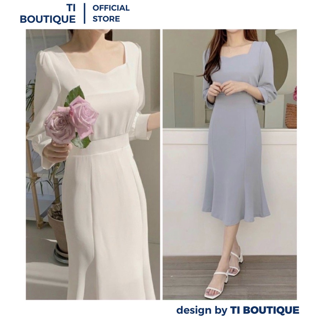 Đầm Váy Nữ Trưởng Thành Tay Dài Phồng Cổ Tròn Thanh Lịch, Đầm Dạ Hội Dáng Xòe Màu Xanh Basic