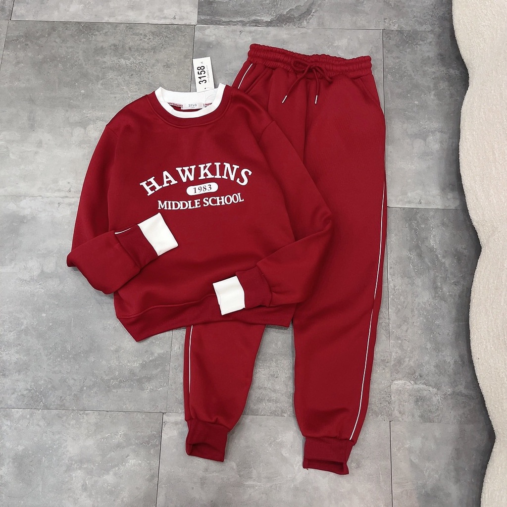 Bộ nỉ bông đỏ pha cổ tay trắng dành cho nữ màu sắc nổi bật trẻ trung năng động
